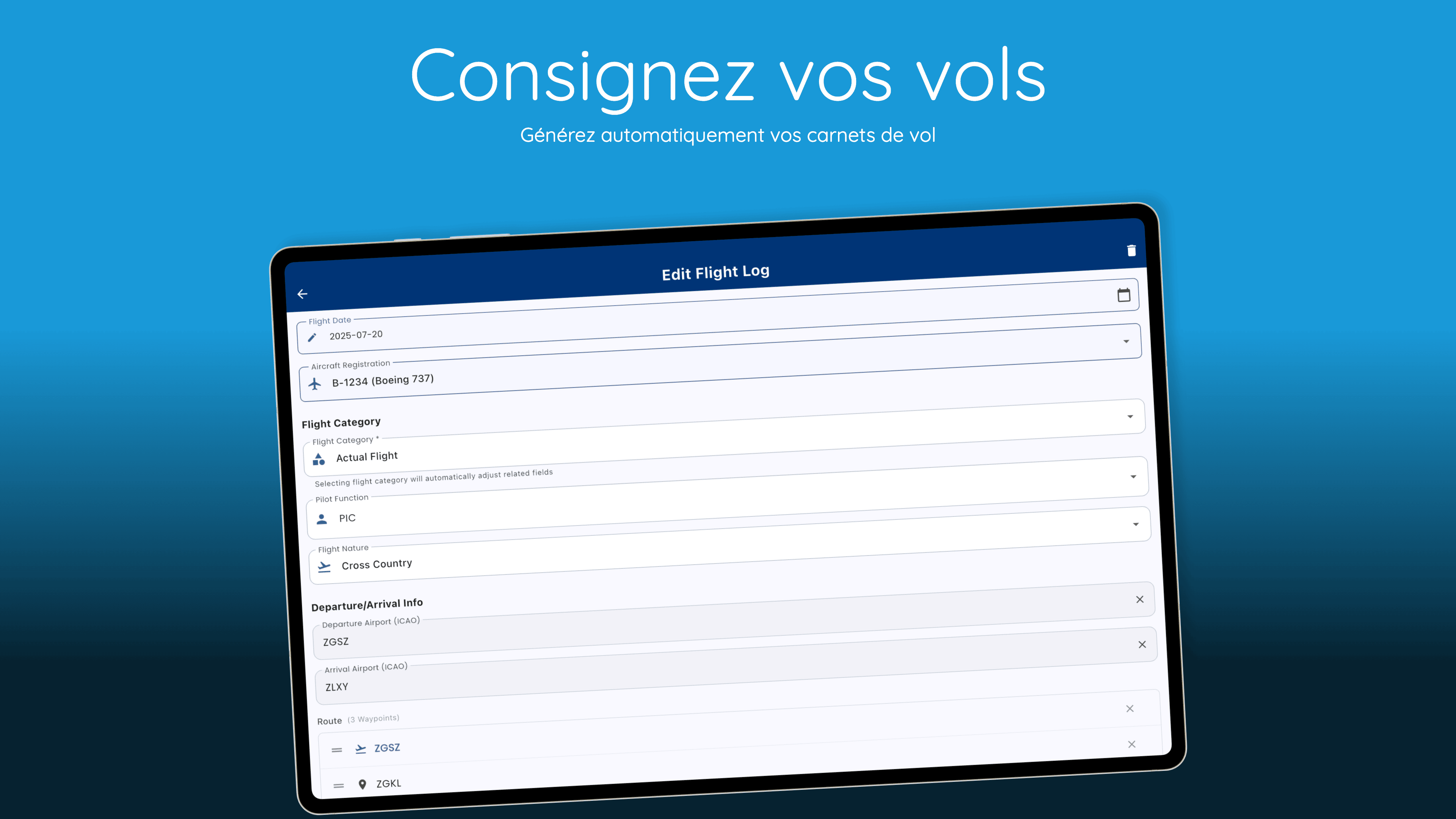 Interface du Carnet de Vol Numérique Pilot Kit montrant le suivi des heures de vol, la gestion des validités et les statistiques
